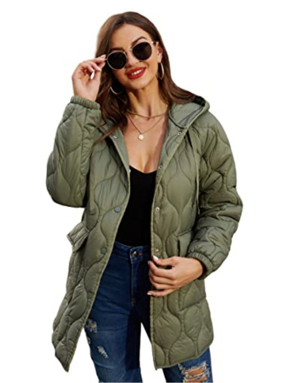 Quilted Puffer Jacket Hooded Lightweight Packable Loose Fit Women